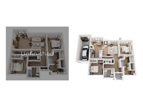 Two floor plans of an unfinished house.